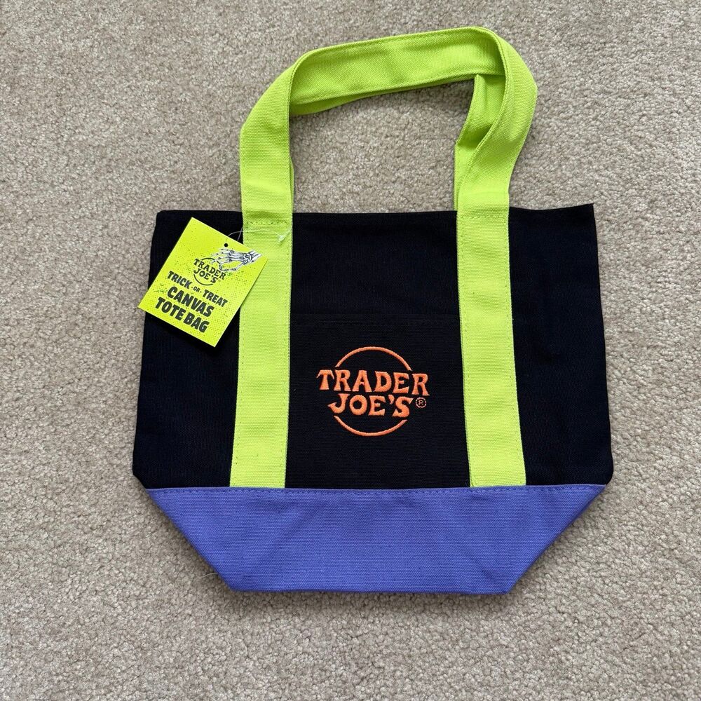 Trader Joes Halloween Mini Canvas Tote Bag Trick or Treat Black Green Purple NWT